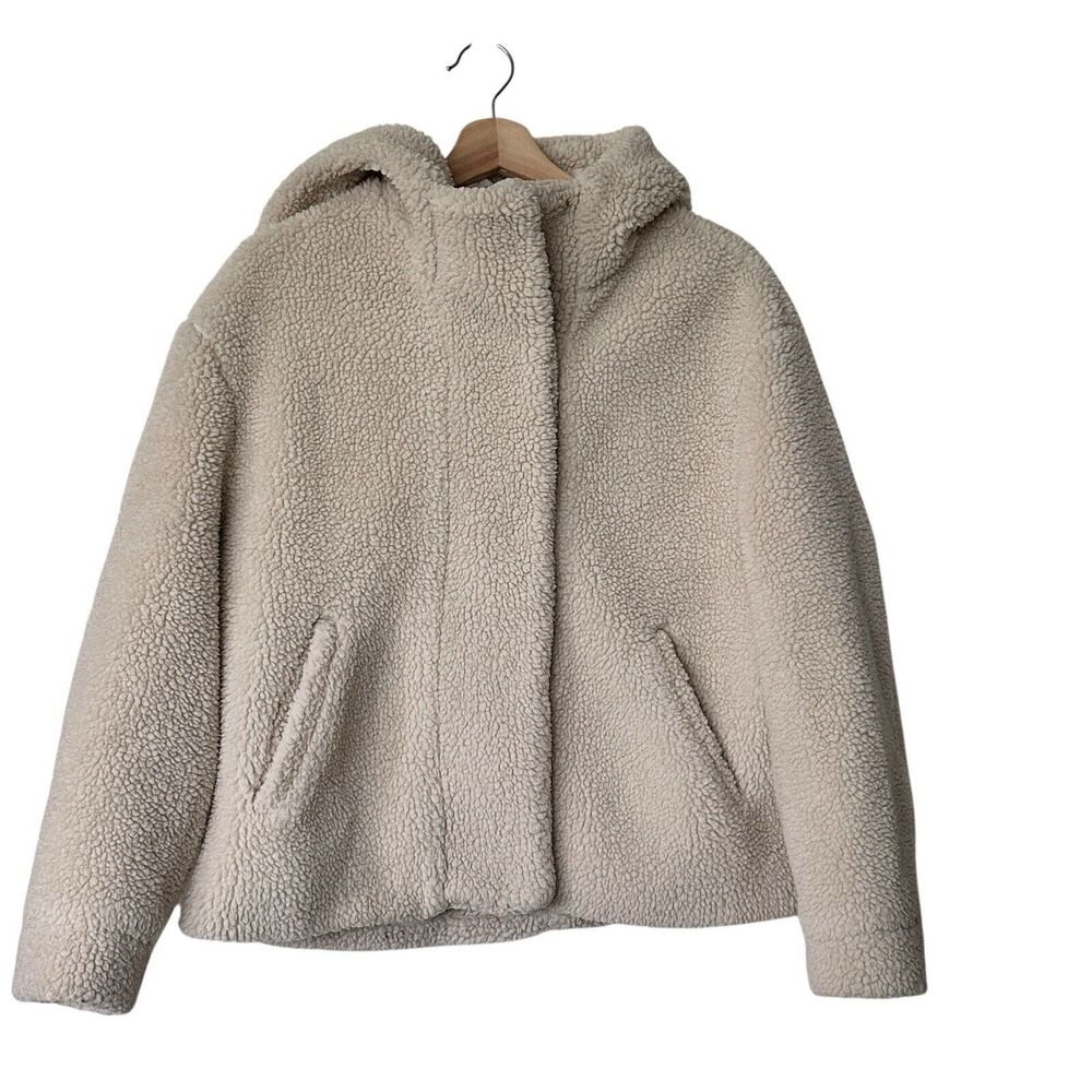 Zara XS Women's Beige Sherpa Teddy Shearling Hooded Cropped Jacket Coat